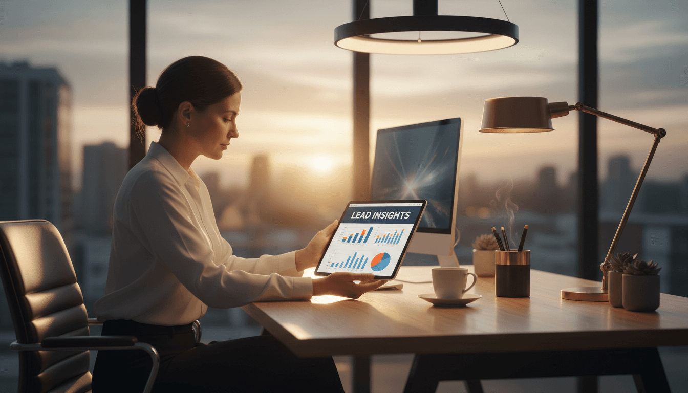 Business owner checking AI-generated leads on tablet at desk
