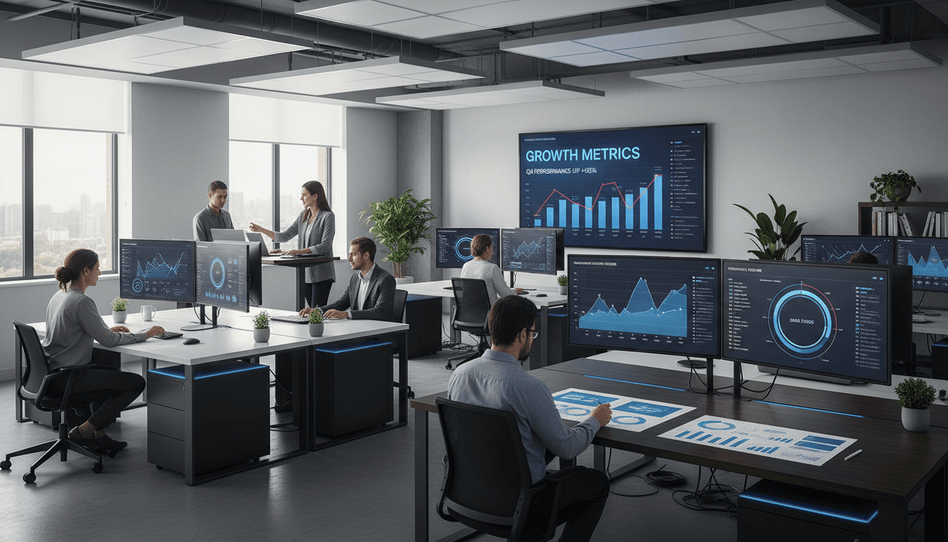 Collaborative analytics workspace with multiple team members reviewing data dashboards on laptops and desktop monitors